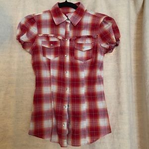 XS red checkered blouse with ruffled details